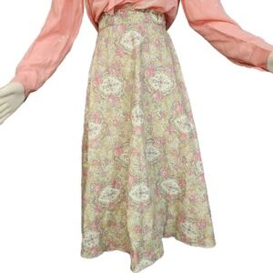 Vintage 1970s Skirt Floral Cream Pink Back Zip Midi Length Retro Feminine
